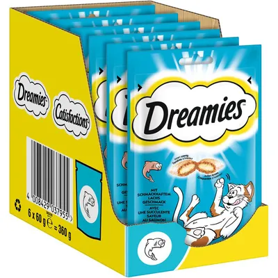 Dreamies prigrizki za mačke z okusom lososa, paket 6 x 60 g (skupna teža 360 g).