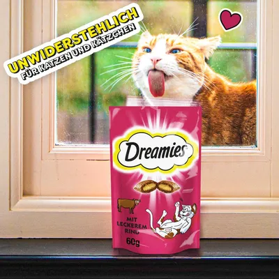 Dreamies mit leckerem Rind, 60g. Unwiderstehlich für Katzen und Kätzchen.