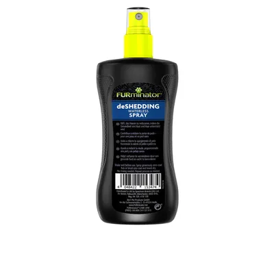 FURminator deShedding Waterless Spray. Helps reduce shedding and supports skin and coat health. Application: spray onto dry coat, do not rinse.
