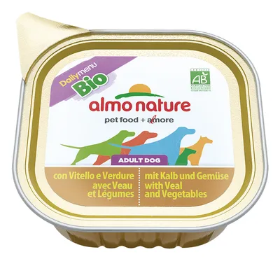Barquette Almo Nature Daily Menu Bio pour chien adulte, avec veau et légumes. Texte visible : certifié AB Agriculture Biologique, pet food + more, Adult Dog.