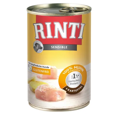 RINTI Sensible koiran märkäruoka, teksti: 100 % Huhn im Fleischanteil, Nr. 1 tierisches Protein, Kartoffel, glutenfrei, Für empfindliche Hunde. Kananlihaa ja perunaa kuvassa.