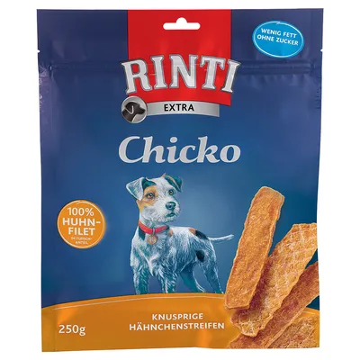 Rinti Extra Chicko, chrumkavé kuracie pásiky, 250g. 100 % kuracie filé v podiele mäsa. Málo tuku, bez cukru.