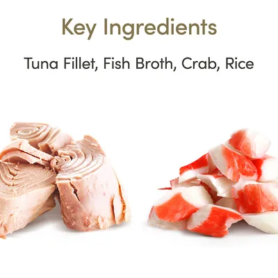 Key Ingredients: Tuna Fillet, Fish Broth, Crab, Rice. Billede af tunstykker og krabbekød. Teksten er på engelsk.