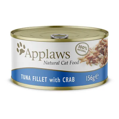Applaws Natural Cat Food, 100% Natural, TUNA FILLET with CRAB, 156g dåse kattemad. Synligt billede af tun og krabbe på etiketten.