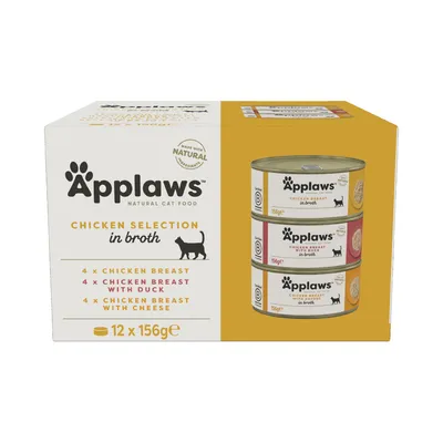 Applaws Natural Cat Food, Chicken Selection in Broth. 12 tölkkiä à 156g: 4x kananrinta, 4x kananrinta ankalla, 4x kananrinta juustolla. Valmistettu luonnollisista ainesosista.