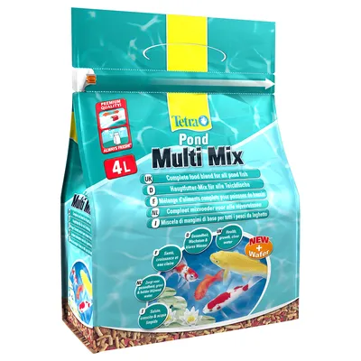 Tetra Pond Multi Mix 4L, täysravintosekoitus kaikille lammikkokaloille. Pakkauksessa näkyy värikkäitä kaloja ja teksti 'NEW + Wafer'. Useita kieliä, ei suomea. Tetra Pond Multi Mix 4L, täysravintosekoitus kaikille lammikkokaloille. Pakkauksessa näkyy värikkäitä kaloja ja teksti 'NEW + Wafer'. Useita kieliä, ei suomea.
