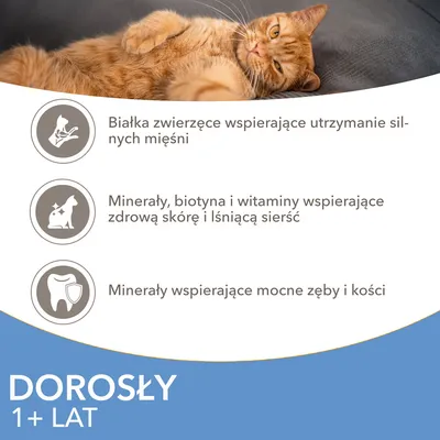 Białka zwierzęce wspierające silne mięśnie, minerały, biotyna i witaminy dla zdrowej skóry i sierści, minerały na mocne zęby i kości. DOROSŁY 1+ LAT.