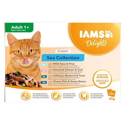 IAMS Delights Sea Collection -kissanruoka aikuisille, 12 x 85 g. Makuvaihtoehdot: villi tonnikala ja herneet, höyrytetty lohi ja turska, makrilli ja taimen, merikala ja vihreät pavut.