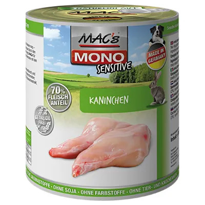 MAC's MONO Sensitive Kaninchen, 70% Fleischanteil, Getreidefrei, bez dodatku soi i barwników, Made in Germany. Na opakowaniu zdjęcie mięsa króliczego.