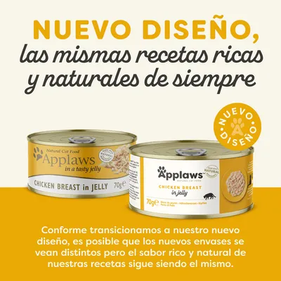 Texto: NUEVO DISEÑO, las mismas recetas ricas y naturales de siempre. Dos latas Applaws Chicken Breast in Jelly 70g con nuevo diseño. Aviso: el sabor sigue siendo el mismo.