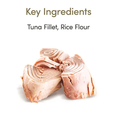 Key Ingredients: Tuna Fillet, Rice Flour. Teksti englanniksi, kuva tonnikalafileepaloista.