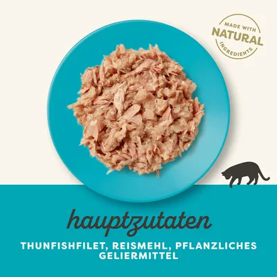 Hauptzutaten: Thunfischfilet, Reismehl, pflanzliches Geliermittel. Made with natural ingredients.