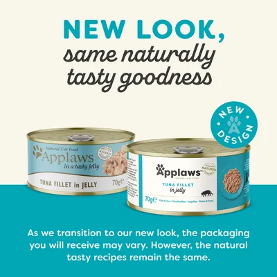 Dve konzervy Applaws Tuna Fillet in Jelly 70 g s rôznym dizajnom obalu, text: NEW LOOK, same naturally tasty goodness, NEW DESIGN. Balenie sa môže líšiť, receptúra zostáva rovnaká.