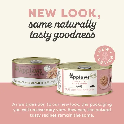 Dvě konzervy Applaws Tuna Fillet with Salmon in Jelly 70 g, starý a nový design obalu. Text: NEW LOOK, same naturally tasty goodness, NEW DESIGN.