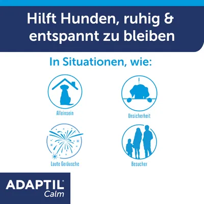 Texte en allemand : « Hilft Hunden, ruhig & entspannt zu bleiben ». Situations : Alleinsein, Unsicherheit, Laute Geräusche, Besucher. Marque visible : ADAPTIL Calm.