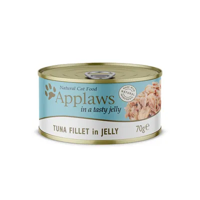 Applaws Natural Cat Food, Tuna Fillet in Jelly, 70 g. Teksti: Made with natural ingredients. Kissalle tarkoitettu tonnikalafile hyytelössä säilykepurkissa.