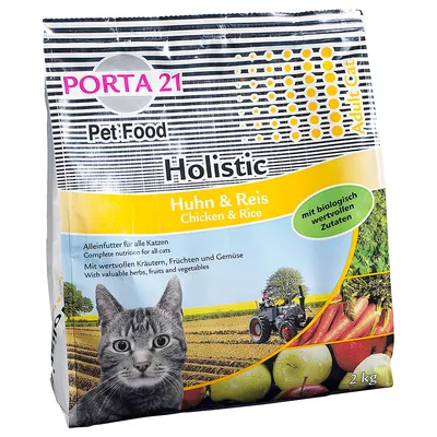 PORTA 21 Pet Food Holistic Huhn & Reis Adult Cat, mit biologisch wertvollen Zutaten, 2 kg. Tekst: Alleinfutter für alle Katzen, mit wertvollen Kräutern, Früchten und Gemüse.