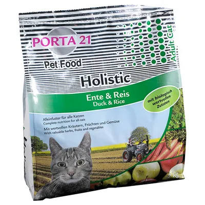 PORTA 21 Pet Food Holistic Ente & Reis Duck & Rice, Adult Cat, mit biologisch wertvollen Zutaten, 2 kg. Billede af kat, mark, traktor og grøntsager på emballagen.