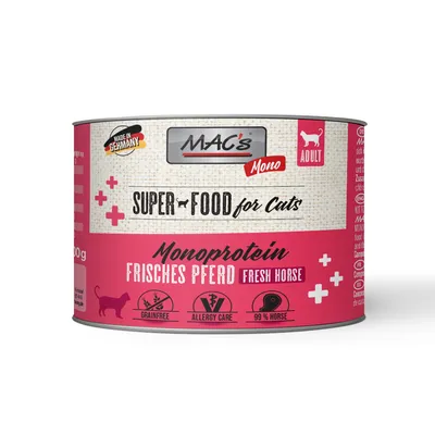 MAC's Mono Super Food macskaeledel, monoprotein friss ló, Németországban készült, felnőtt, gabonamentes, allergiakezelés, 99% ló.