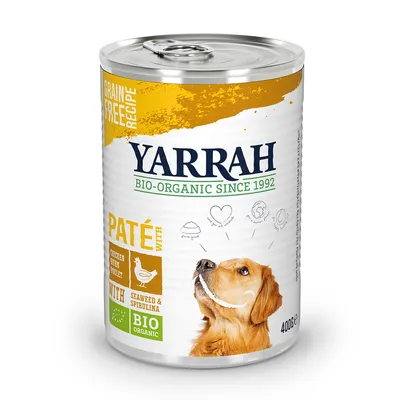 Yarrah Bio-Organic Since 1992 Paté mit Huhn, Algen und Spirulina, grain free recipe, Bio Organic, 400g Dose, Abbildung eines Hundes auf der Verpackung.