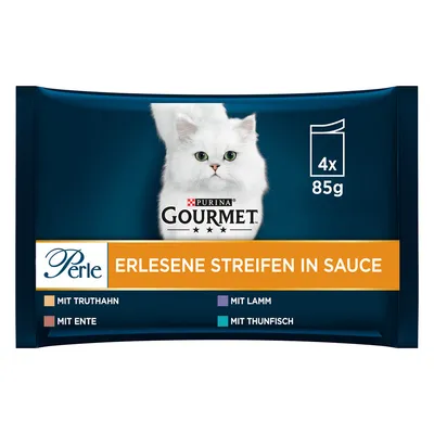 Purina Gourmet Perle Erlesene Streifen in Sauce, 4 x 85 g. Saveurs visibles : dinde, agneau, canard, thon. Texte en allemand sur l’emballage.