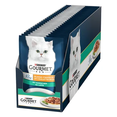 Purina Gourmet Perle, εκλεκτές λωρίδες σε σάλτσα, με κουνέλι. Συσκευασία με λευκή γάτα και εικόνα της τροφής.