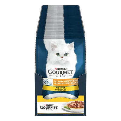 Purina Gourmet Perle, εκλεκτές λωρίδες σε σάλτσα, με κοτόπουλο. Συσκευασία με λευκό μακρύτριχο γάτο και εικόνα σερβιρισμένου προϊόντος.