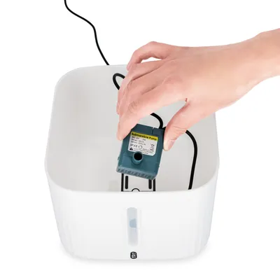 Hand setzt eine blaue Tauchpumpe mit Kabel in einen weissen Behälter ein. Auf der Pumpe sind technische Spezifikationen sichtbar: IPX8, 230V.