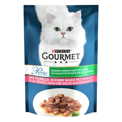 Purina Gourmet Perle, fijne reepjes in saus met groenten, met forel in een saus met spinazie.