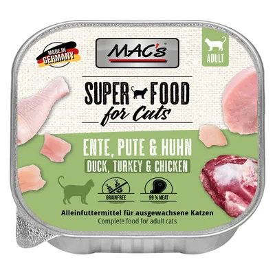 MAC's Superfood for Cats, kachna, krůta a kuře. Vyrobeno v Německu, bez obilovin, 99 % masa. Kompletní krmivo pro dospělé kočky.
