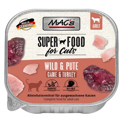 MAC's Superfood for Cats, zvěřina a krůta, dospělé, vyrobeno v Německu, bez obilovin, 99 % masa, kompletní krmivo pro dospělé kočky.
