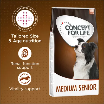 CONCEPT FOR LIFE Medium Senior, High premium dog food. Developed with veterinarians & nutrition experts. Tailored Size & Age nutrition. Renal function support. Vitality support. Dog's weight 11–25 kg. CONCEPT FOR LIFE Medium Senior, High premium dog food. Developed with veterinarians & nutrition experts. Tailored Size & Age nutrition. Renal function support. Vitality support. Dog's weight 11–25 kg.