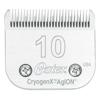Testina in metallo per tosatrice con scritta visibile: 10 Oster CryogenX AgION USA.