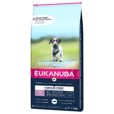 Eukanuba Premium hrană uscată pentru căței, fără cereale, bogată în pește de mare. Potrivită pentru rase mari (25-40kg) și foarte mari (>40kg). Mărime pachet: 12kg.