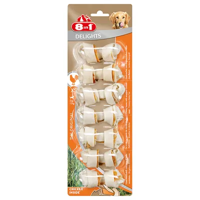 Pachet cu 7 oase pentru câini 8in1 Delights XS, THE ORIGINAL, CHICKEN INSIDE, potrivit pentru câini 2–12 kg. Ambalaj transparent, text vizibil pe fundal portocaliu.