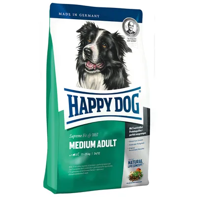 Opakowanie karmy Happy Dog Supreme Fit & Well Medium Adult, 11–25 kg, widoczny napis: Made in Germany, glutenfreie Zutaten, Natural Life Concept.