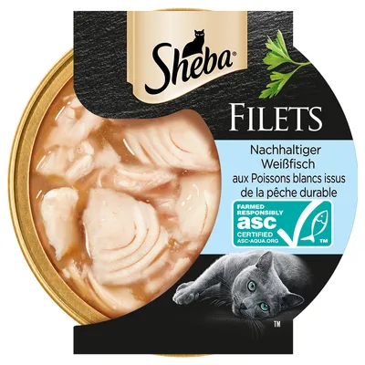 Sheba Filets, pesce bianco sostenibile, testo in tedesco e francese, certificazione ASC visibile, immagine di filetti in salsa e gatto grigio su confezione.