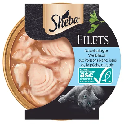Sheba Filets, sustainable white fish, ASC certified, from sustainable fishing. Packaging shows white fish pieces and a grey cat.