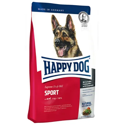 Opakowanie karmy Happy Dog Sport 11 kg, widoczny napis 'Supreme Fit & Well', 'Made in Germany', ilustracja owczarka niemieckiego, informacje o białku 28/16 i Natural Life Concept.