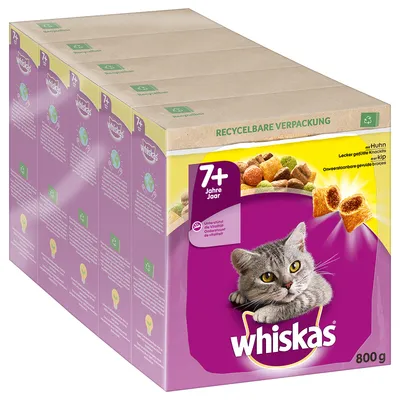 Višepakiranje Whiskas suhe hrane za mačke starije od 7 godina, piletina, 800 g, reciklabilno pakiranje. Vidljiv tekst: 7+ Jahre Jaar, Whiskas, 800 g, RECYCELBARE VERPACKUNG.