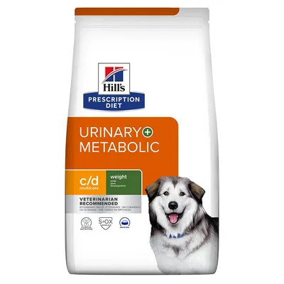 Hill's Prescription Diet Urinary+ Metabolic c/d multicare weight per cani, raccomandato dai veterinari. Immagine di un cane sulla confezione.