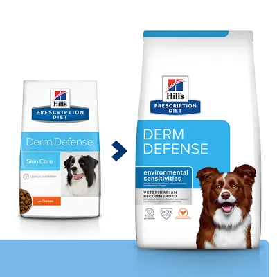 Hill's Prescription Diet Derm Defense hrana za pse, prikaz stare i nove ambalaže s tekstom: Skin Care, environmental sensitivities, veterinarian recommended, with Chicken, S+OX Shield.