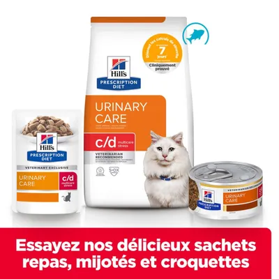 Hill's Prescription Diet Urinary Care c/d Multicare Stress, cliniquement prouvé, réduit les calculs de struvite en 7 jours. Croquettes, nourriture humide et sachets fraîcheur illustrés. Hill's Prescription Diet Urinary Care c/d Multicare Stress, cliniquement prouvé, réduit les calculs de struvite en 7 jours. Croquettes, nourriture humide et sachets fraîcheur illustrés.