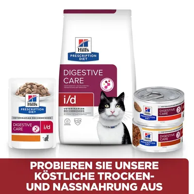 Hill's Prescription Diet Digestive Care i/d kattenvoer, zichtbaar als droogvoerzak, natvoerpouch en twee blikjes. Duitse tekst: Probieren Sie unsere köstliche Trocken- und Nassnahrung aus.