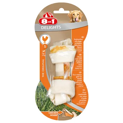 Chewy bone with wrapped chicken meat, labelled for pets 2kg to 27kg, size S. Text highlights 'chicken inside' and describes it as a yummy chewy fun treat.