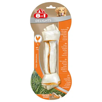Chewy bone with wrapped chicken meat, labelled size L for over 20kg, packaging states 'chicken inside' and highlights yummy chewy fun in multiple languages.