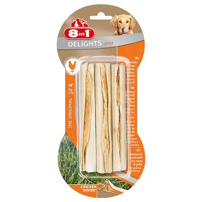 Pack of 8in1 Delights sticks with chicken inside, suitable for animals weighing 2kg to 35kg. The packaging highlights chewy sticks wrapped with chicken meat.
