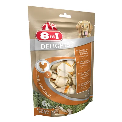 Pack of 8 in 1 Delights chews, six pieces, small size, with chicken inside. Chewy bones with wrapped chicken meat. The original flavour. Product features shown on packaging.