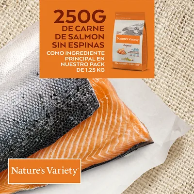 Nature's Variety Original kattenvoer, 250 g graatloze zalm als hoofdingrediënt in 1,25 kg verpakking. Tekst en productafbeelding in het Spaans zichtbaar.