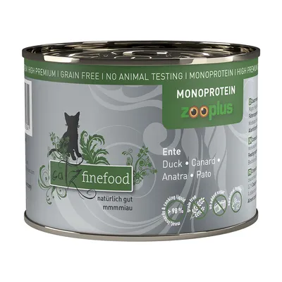 catz finefood Monoprotein патица, без зърнени храни, без тестове върху животни, 98% месо и бульон, естествено. Видимо лого на Zooplus.